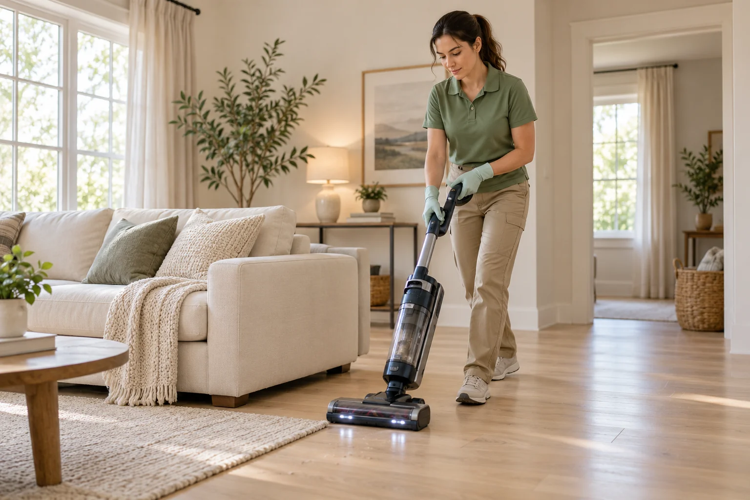 A professional cleaner vacuuming the floor of a bright living room
