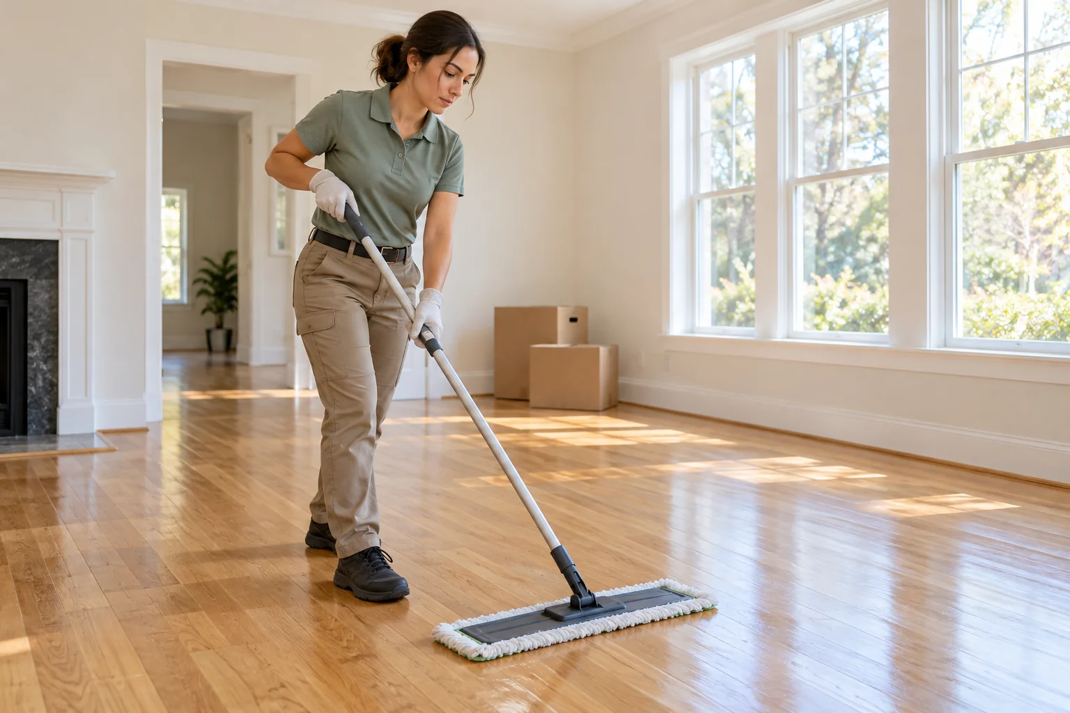 A cleaner mopping the floor of a room during a move-out clean