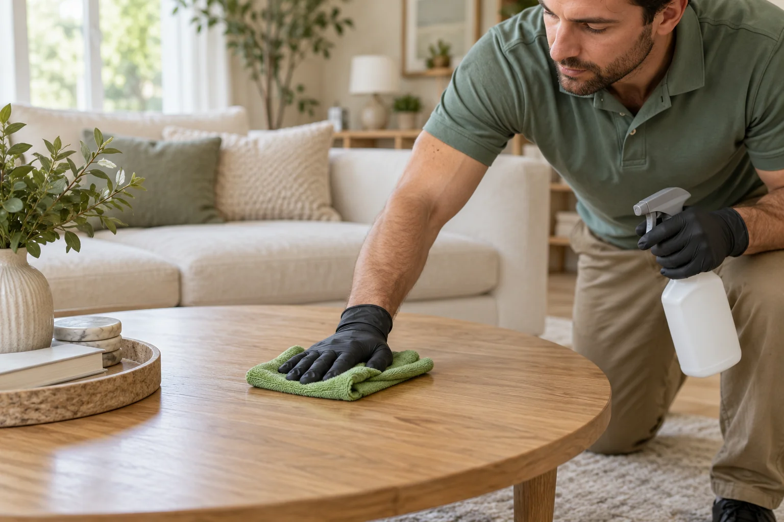 A cleaner wiping a living-room table with a microfiber cloth